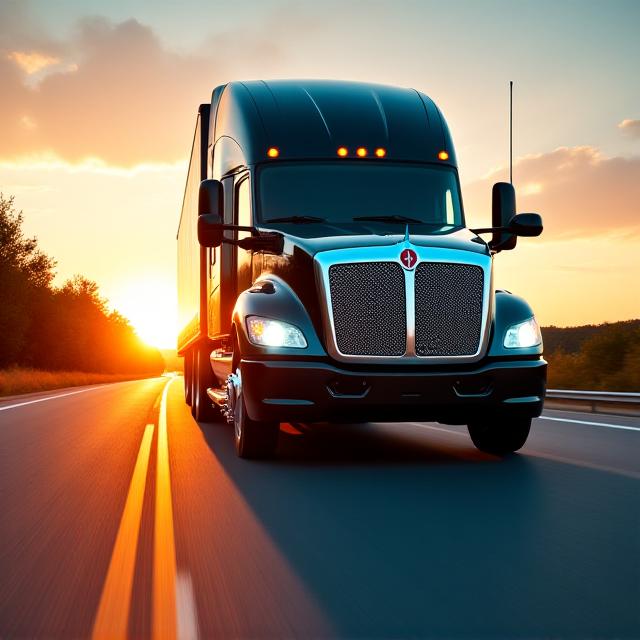 Modern sleek trucking rig on the highway