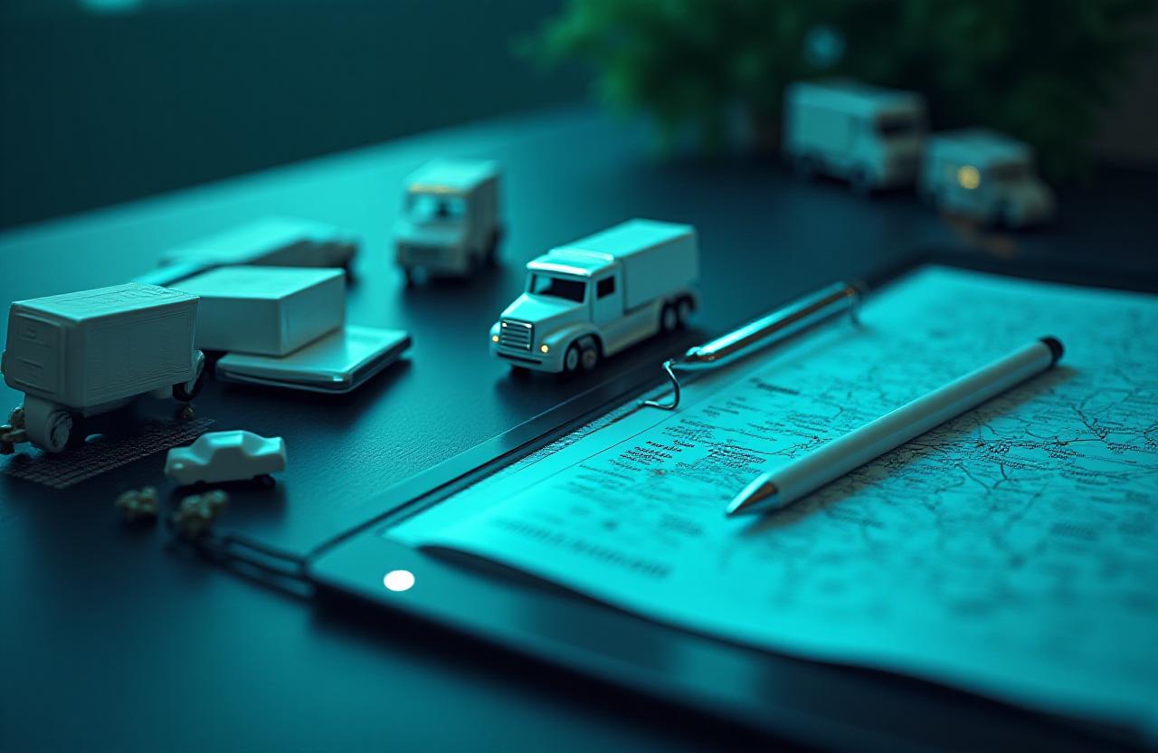 Legal paperwork and logistics icons in a playful setting