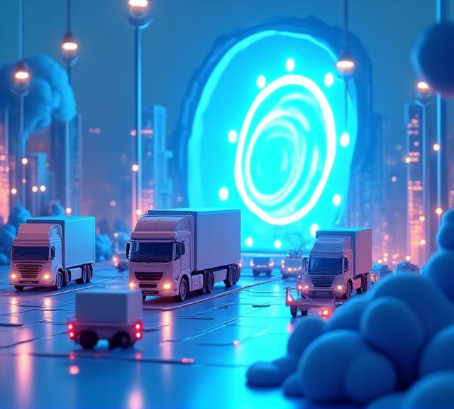 A vibrant 3D stylized illustration of a logistics hub